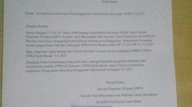 DPW KAMPUD Jawa Barat Mengirim Surat Ke pejabat PPID Pembantu Sekretariat DPRD Kota Banjar